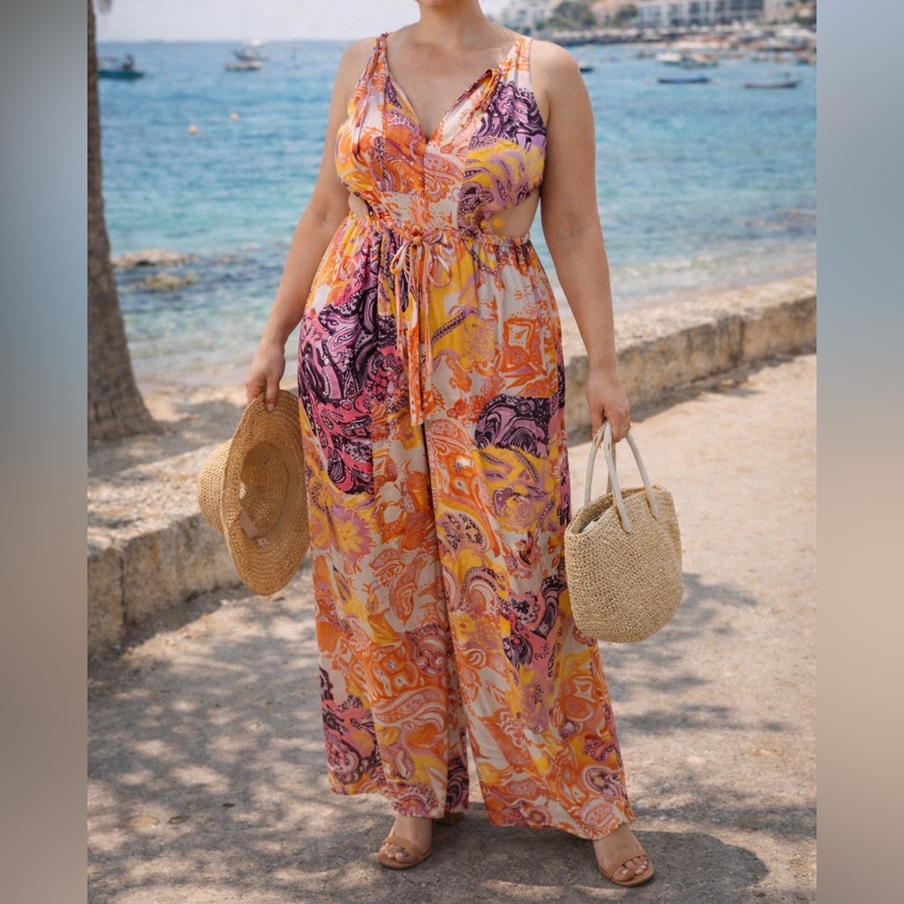 Eloquii Multicolor Silky Paisley Wide Leg Jumpsuit with Cutouts.